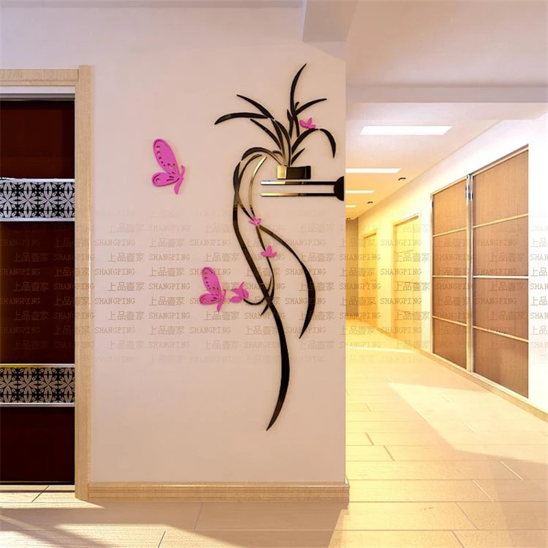 

2015 3D stereo Orchid Flower Acrylic Crystal Wall Stickers Home Decor TV backdrop Entrance Decorative Decals adesivo de parede