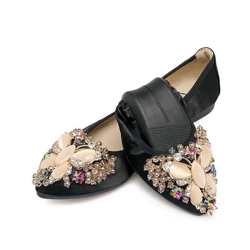 Новая складная женская обувь с кристаллами и бабочками, Весенняя модная женская обувь размера плюс, женская обувь на плоской подошве 34-42 WSH2527 - Цвет: Черный