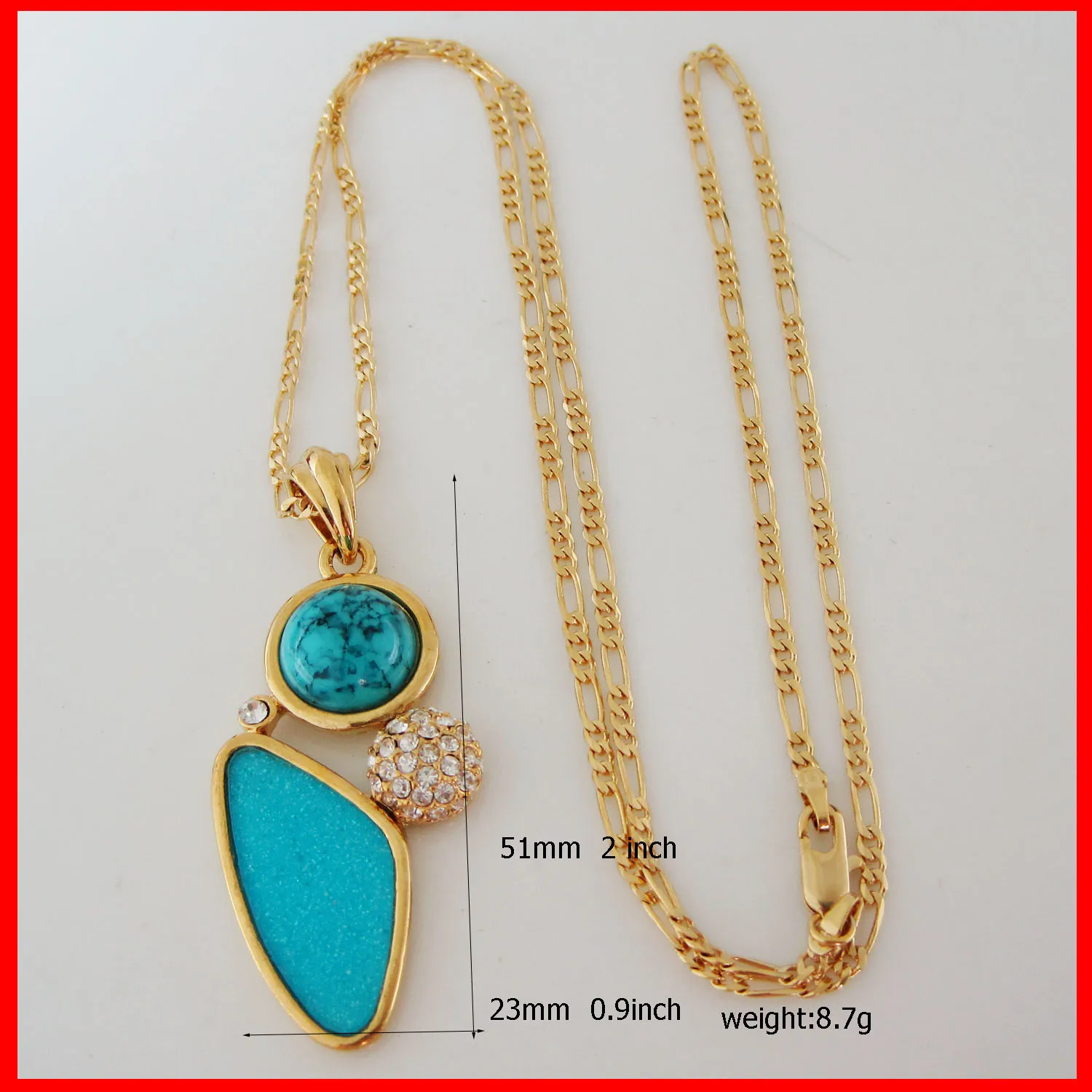 

ORDER 10$ SHIP WITH TRACKING - YELLOW GOLD COLOR GP 24" FIGARO NECKLACE & MUM MOM HUG BABY CZ SIMULATED TURUOISE STONE PENDANT