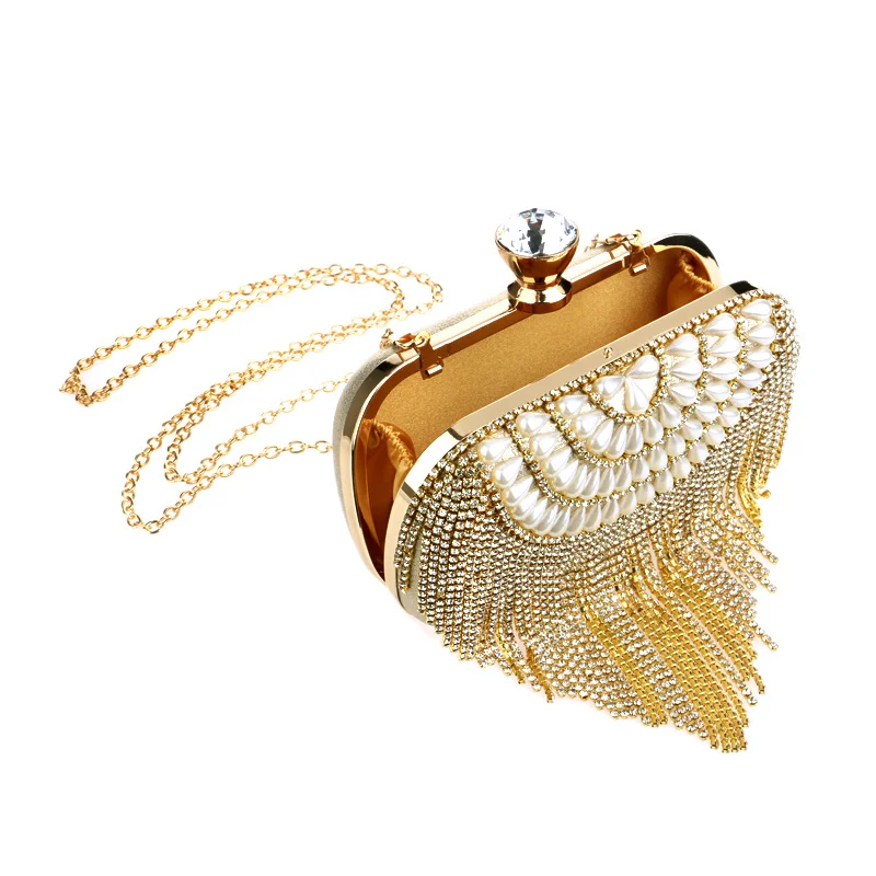 GLOIG Tassel Rhinestones Clutch Beading Lady Evening Bags Diamonds Small Purse Chain Shoulder Handbags Wedding Party Evening Bag