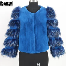 Nerazzurri, Женское пальто из искусственного меха, большой размер, короткий укороченный топ, синий, осень, зима, теплый мех, искусственный мех, стриженая норка, куртка, 5xl, 6xl, 7xl