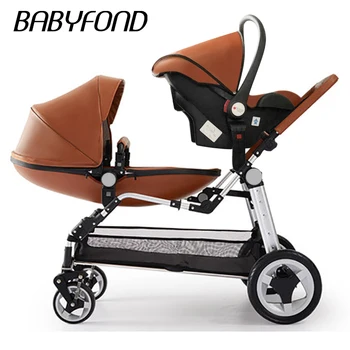 

High quality luxury Twin baby strollers pu stroller baby can sit and lying folding four wheel double stroller brand pram