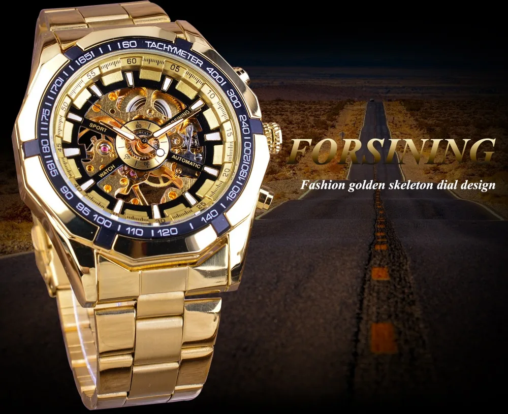 Forsining классические спортивные гоночные золотые стальные королевские мужские часы лучший бренд класса люкс креативные прозрачные механические часы с скелетом
