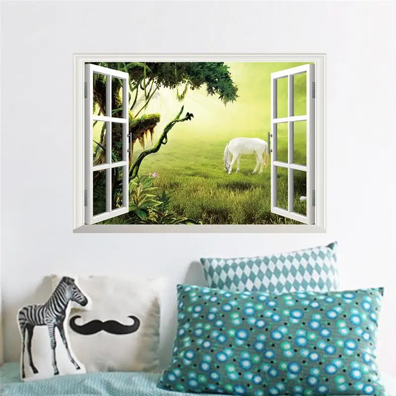 Us 3 88 26 Off Fantastic Fairytale Dream Windows Wall Stickers Living Bedroom Decoration Diy 3d Horse Animals Cartoon Home Decals Mural Art 4 0 In