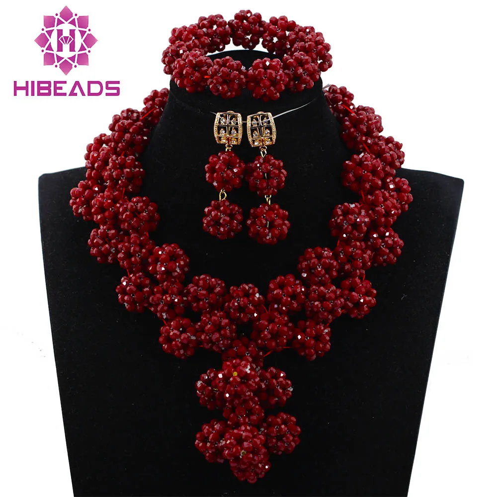 

Chunky Statement Necklace Set Splendid Wine Burgundy Crystal Balls African Beads Pendant Jewelry Set Free Shipping ABH274