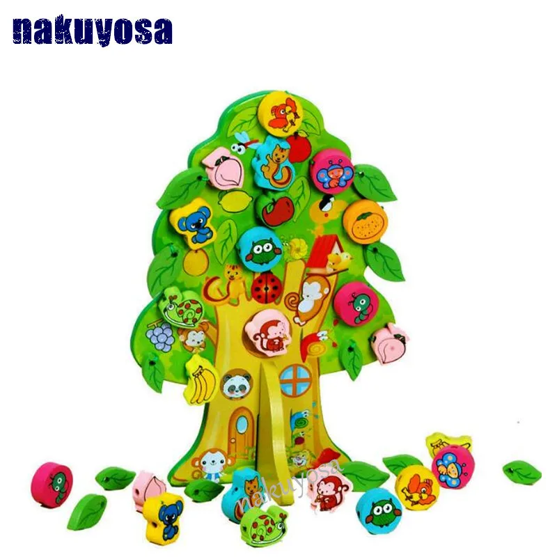 Montessori 3D DIY Colourful Wooden Animal Fruit Tree House Stringing Beads Baby Birthday Gift Children