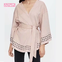 Замша текстура кимоно куртка осень воздушный глаз с длинным рукавом пояс дамы кардиган пальто сплошной цвет v-образным вырезом вырез женский жакет