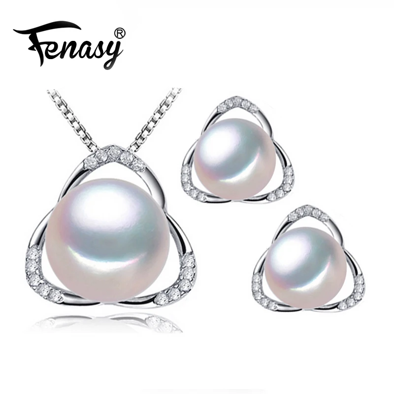 

FENASY Trendy Pearl Jewelry Setsnatural Pearl Pendant Necklace 925 Sterling Silver Stud Earrings For Women Wedding Jewelry 8-9mm
