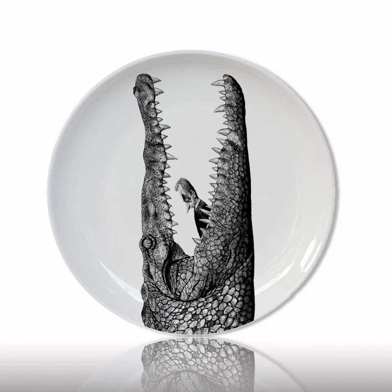 Белая и черная декоративная тарелка с головой животного, креативное керамическое ремесло для домашнего декора, круглая тарелка с крокодиловым тигром, художественная тарелка