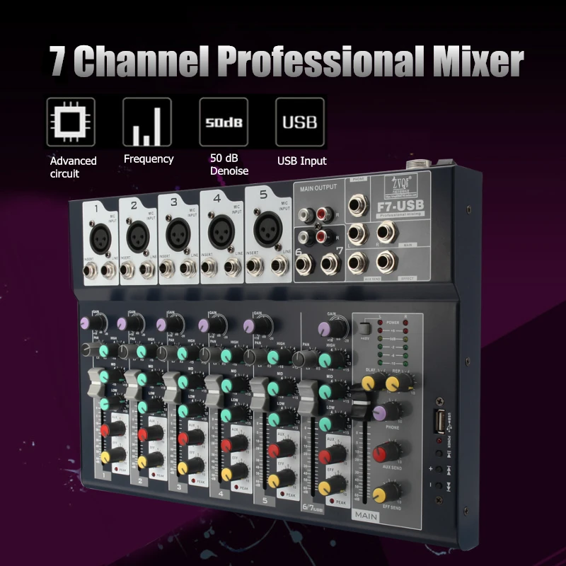 New 7 Channel Professional Stage Live Studio Audio Mixer USB Mixing Console DJ KTV Show  Percussion Instruments Parts