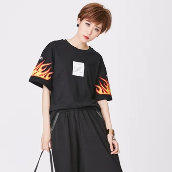 

Street Tide Brand Women's Top Summer Women's New Embroidery Fire Pattern Women's Short Sleeve T-Shirt Women's Tops