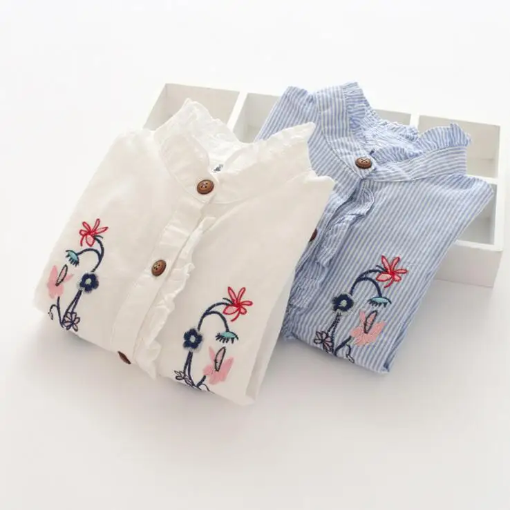 

2018 kids fall striped flower embroidery blouse little girls full sleeve button t-shirt children toddler girls tops clothes