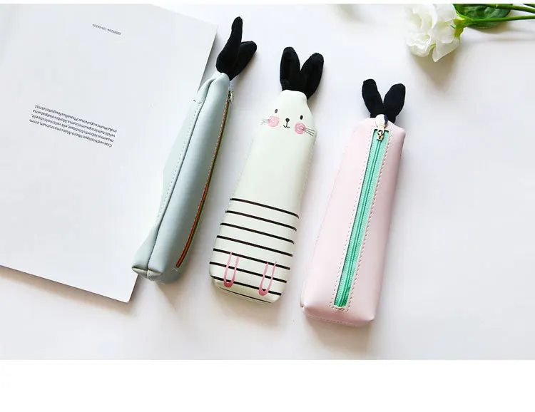 Чехол-карандаш из искусственной кожи с длинными ушками кролика для хранения канцелярских принадлежностей, сумка-Органайзер для школы и офиса