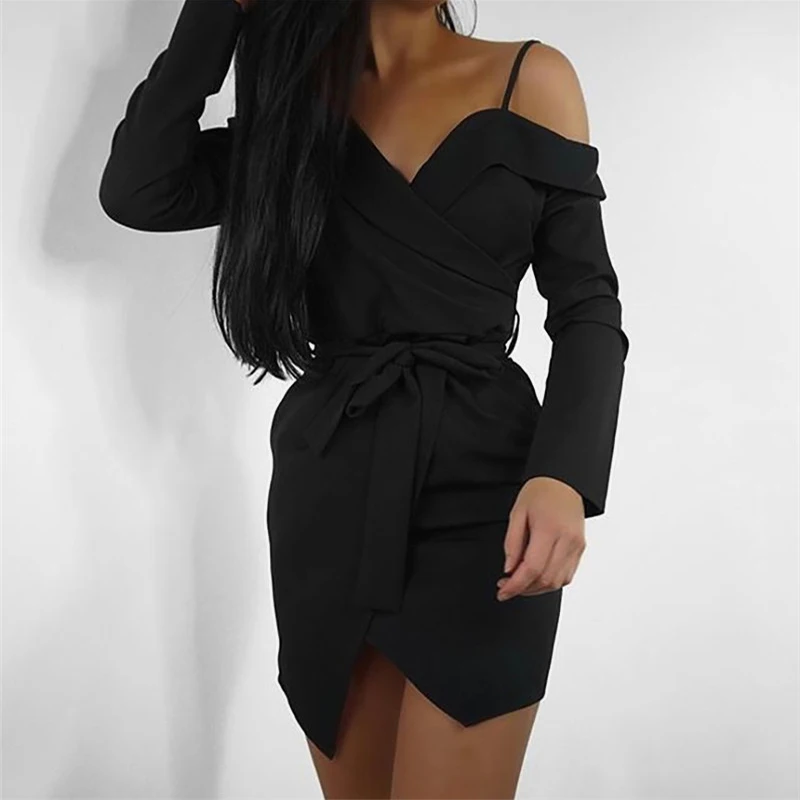 

Women's Long Sleeve Dresses Fashion Sexy Deep V Neck Off Shoulder Party Dresses Elegent Lace Up Sashes Irregular Mini Dress
