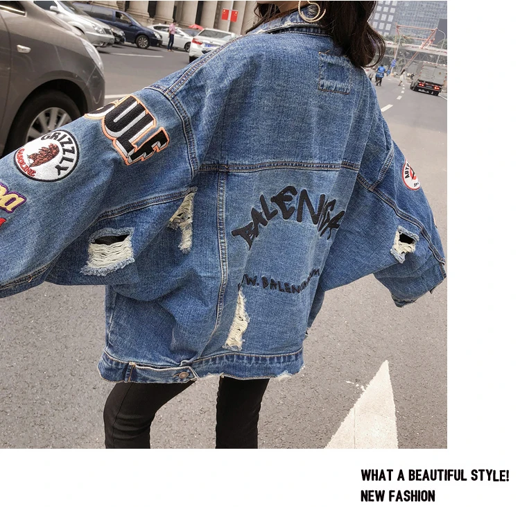 Осенняя Свободная куртка, женские джинсовые пальто, уличная джинсовая куртка, пальто в стиле панк, Женская Большая куртка с вышитыми буквами, Casaco Feminino
