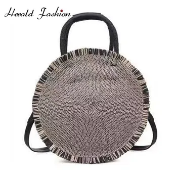

Herald Fashion Quality Rattan Woven Female Shoulder Bag Large Women Straw Handbag Circular Lady's Summer Beach Travel Tote Bag