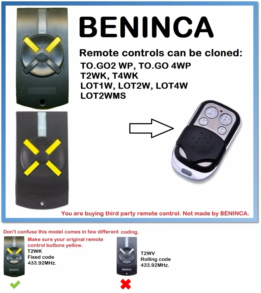 BENINCA T2WK, T4WK Remote Control Duplicator 4-Channel 433.92MHz.