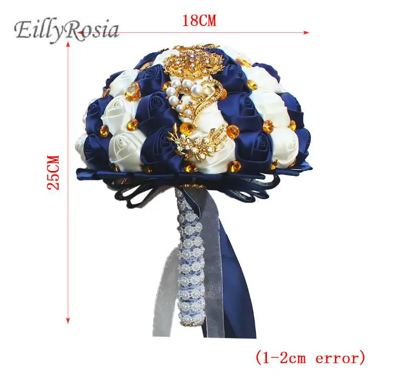 Темно-Королевский синий винтажный Свадебный искусственные цветы Золотой Ювелирная Брошь Кристаллы цвета слоновой кости атласные розы на заказ свадебные цветы