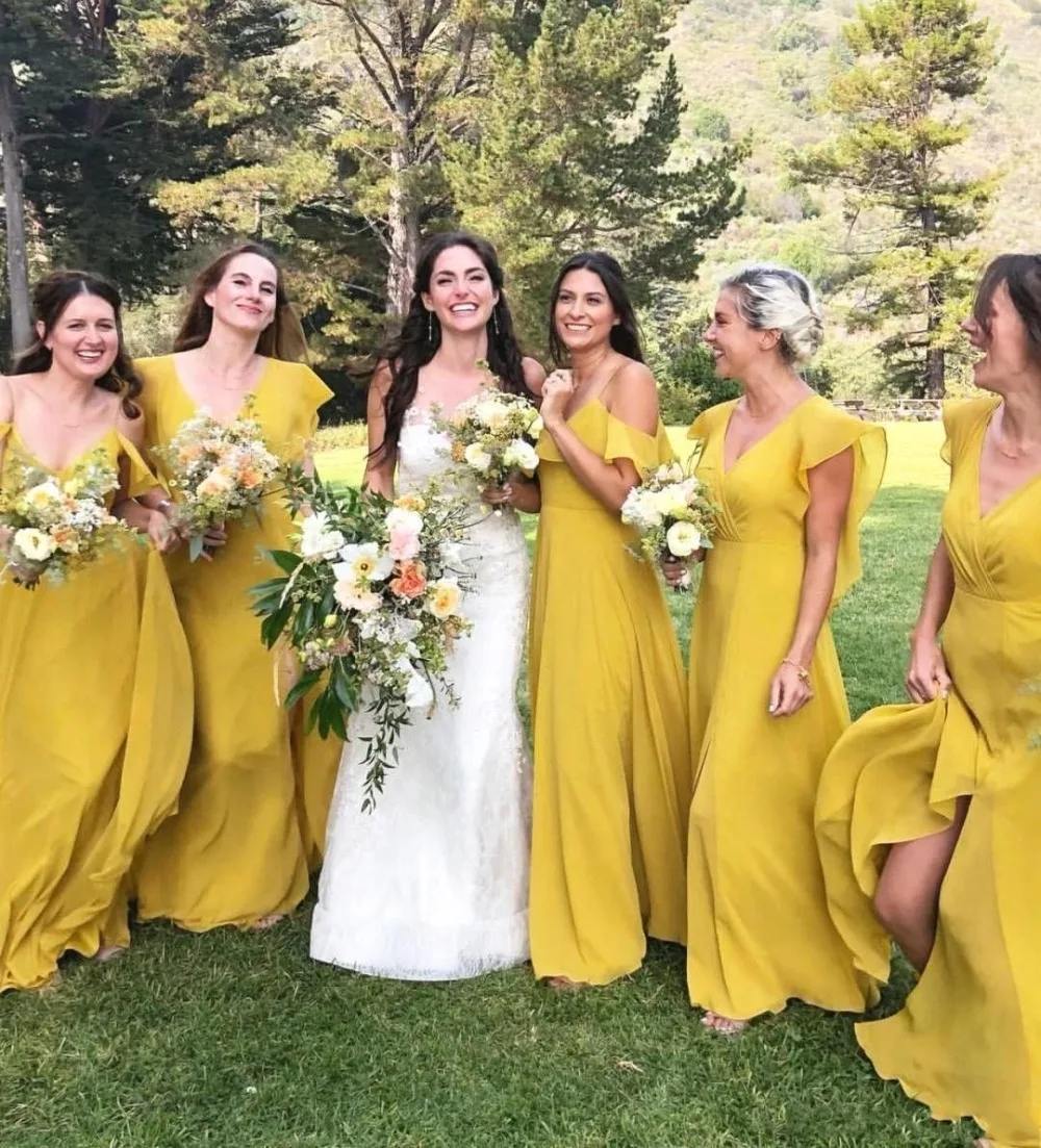 Богемные длинные желтые платья подружек невесты V шеи сельские Платья для подружек невесты шифоновые платья бальные