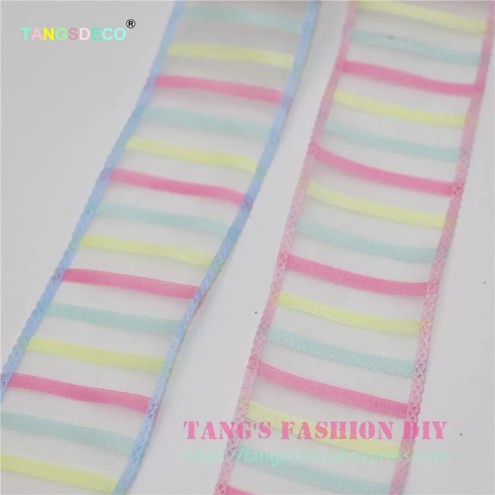 20 Yards/Roll- DIY 3.8cm width single face RAINBOW SMALL STRIPES ORGANZA ribbon