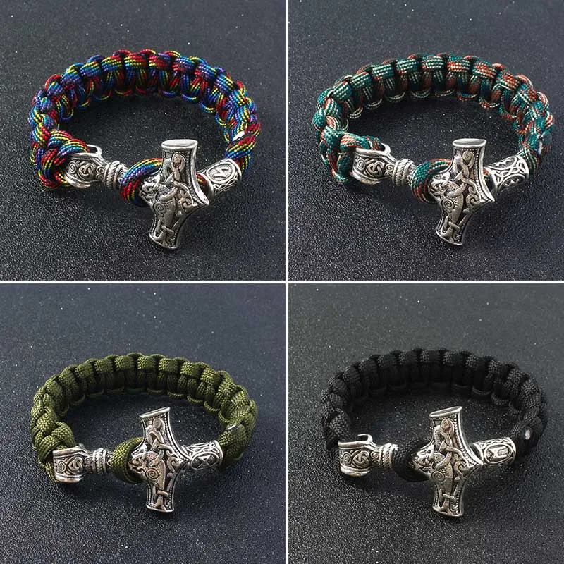 

Viking Bangle Bracelet Thor Mjolnir Hammer Amulet Rope Wolf Head Wristband Cuff Bracelets Indian Jewelry Gift