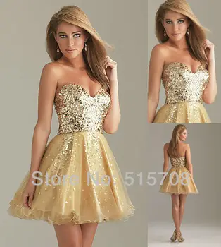

Golden Sweetheart Sleeveless Sequined A-line Short Mini Cheap Formal Gown Cocktail Prom Party Dresses Free Shipping