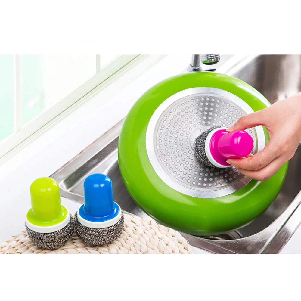 Кухня Проволока из нержавеющей стали мяч с щетка с длинной ручкой для посуды горшок шарик для очистки кисти дома аксессуары кухонные инструменты