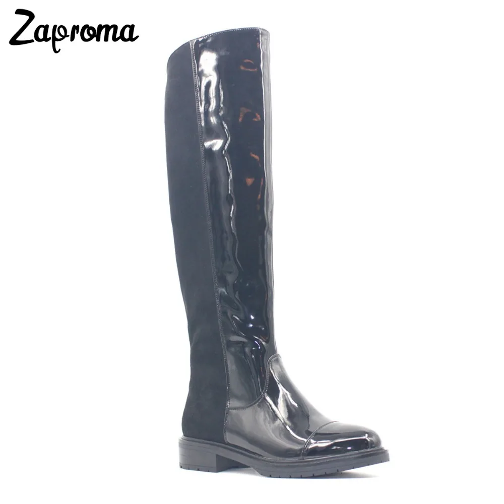 

Waterproof Black Women Boots Glitter PU Suede Knee High Platform Square Heel Zipper Winter Fleece Shoe Med Heel Fashion Rainboot