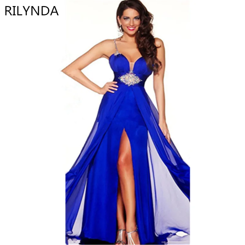 Robe de soiree Elegant Long Evening Dress Royal Blue Chiffon Beads A ...