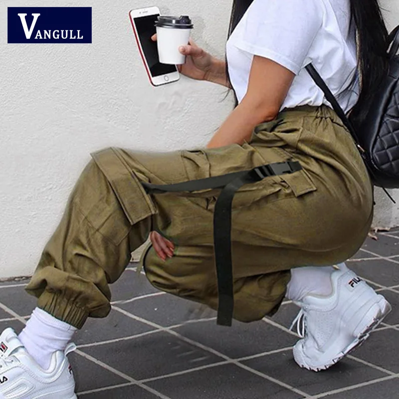 Vangull Buckle Belt Ribbon Pocket High Waist Loose Jogger Pant Women Streetwear Punk Harajuku Hip Hop Sweatpant Cargo Trousers Vangull Buckle Belt Ribbon Pocket High Waist Loose Jogger Pant Women Streetwear Punk Harajuku Hip Hop Sweatpant Cargo Trousers