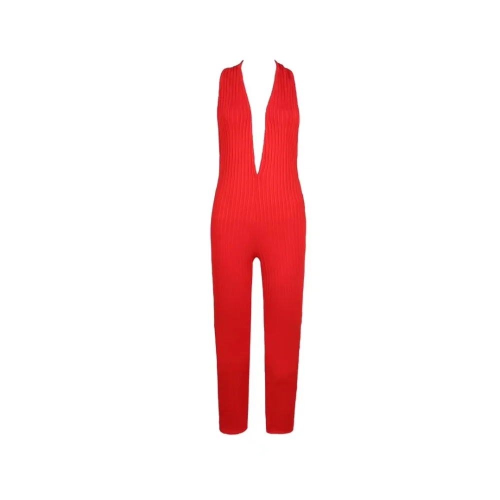 

Women's bandages jumpsuit new 2019 summer celebrity party red hanging neck leak back Siamese pants Vestidos sexy fashion wholes