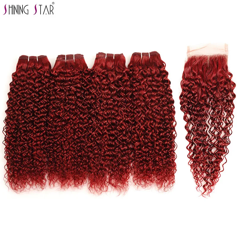 Сияющая Звезда бордовые красные пучки с закрытием 100% натуральные волосы цветные 4 малазийские кудрявые вьющиеся пучки с закрытием кружева