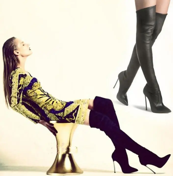 

Moraima Snc Chic Style Long Boots Sexy Pointed Toe Ultra High Over the Knee Woman Boots Side Zip Big Size 43 Thigh High Boots