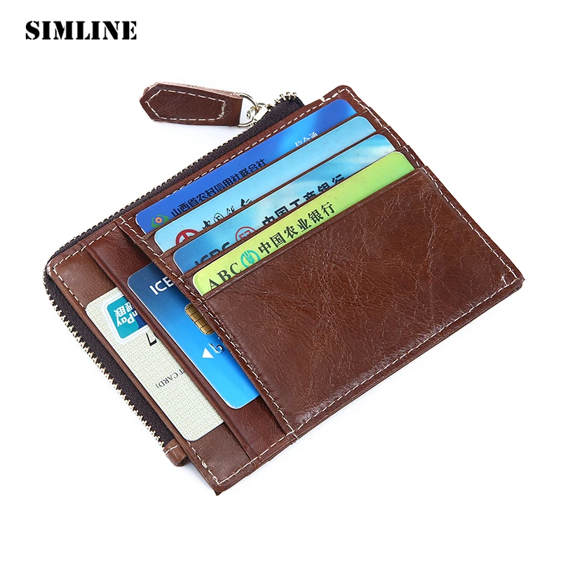 SIMLINE Vintage Genuine Leather Men Men's Male Short Zipper Small Slim