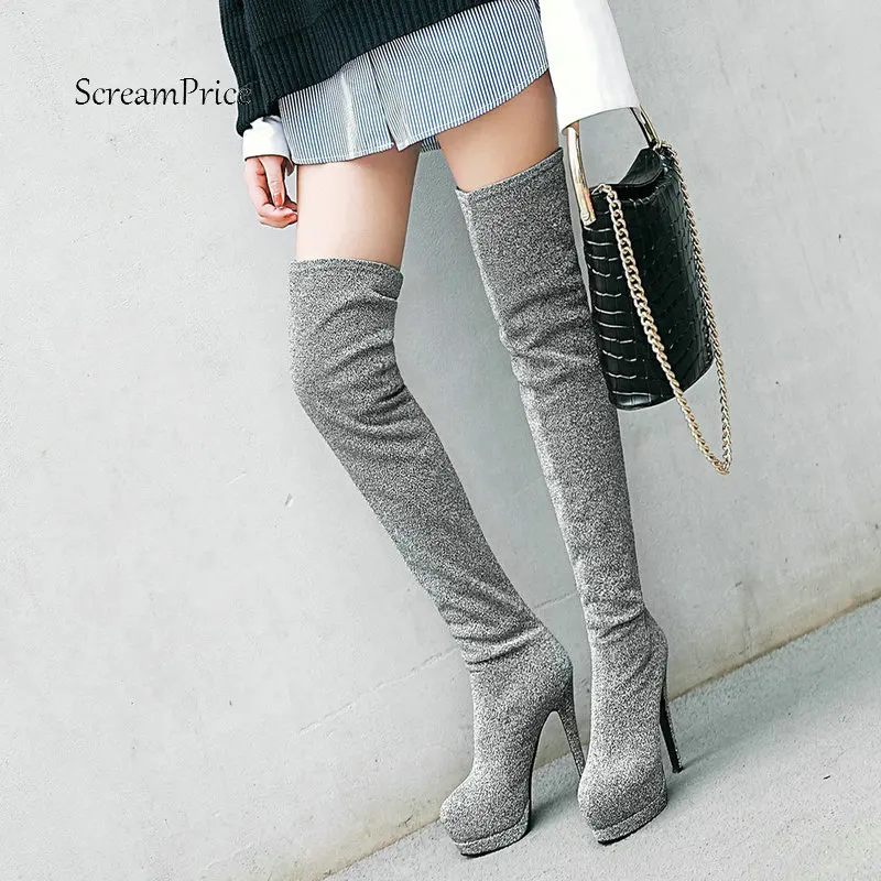 

Female Sequined Cloth Sexy Thin High Hee Platform Over the Knee Boots Fashion Slip On Round Toe Warm Winter Women Shoes Black