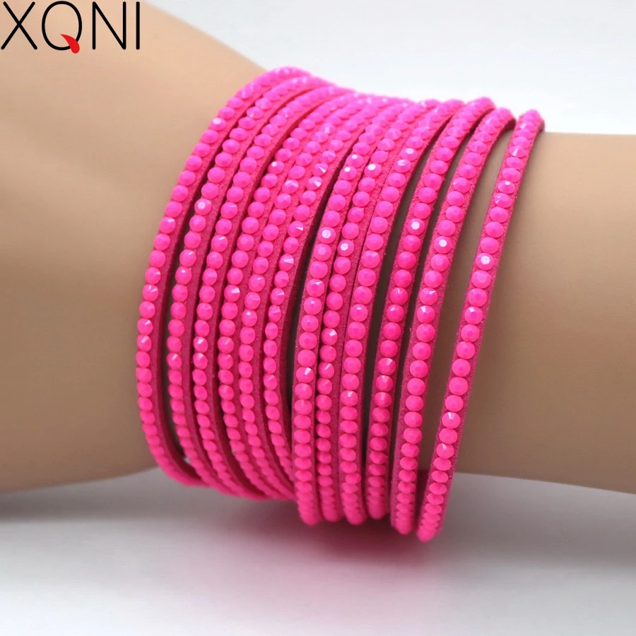 XQNI Fashion Handmade Red Crystal Leather Women Bracelets Mosaic Brand Rhinestone Classic Charm Bracelet Jewelry Gift For Friend