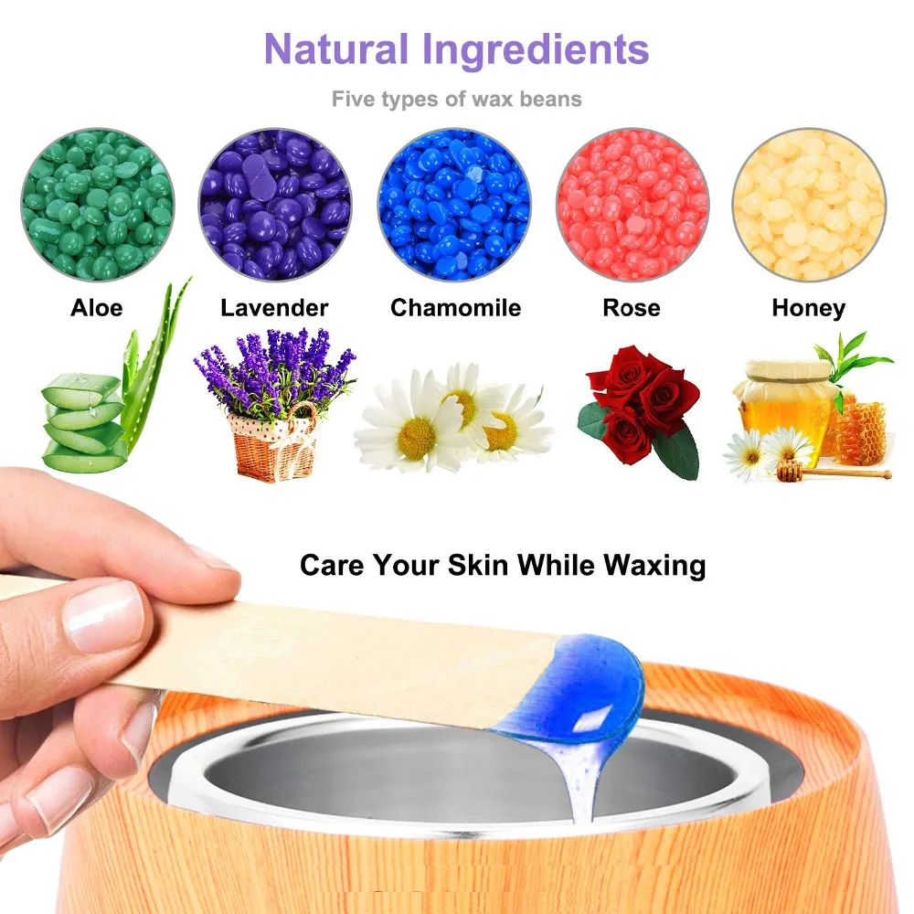 Wax Warmer Wooden Electric Paraffin Wax Heater Pot Hair Removal Waxing Kit with LCD Display 4 Flavor Wax Beans Home Salon Spa