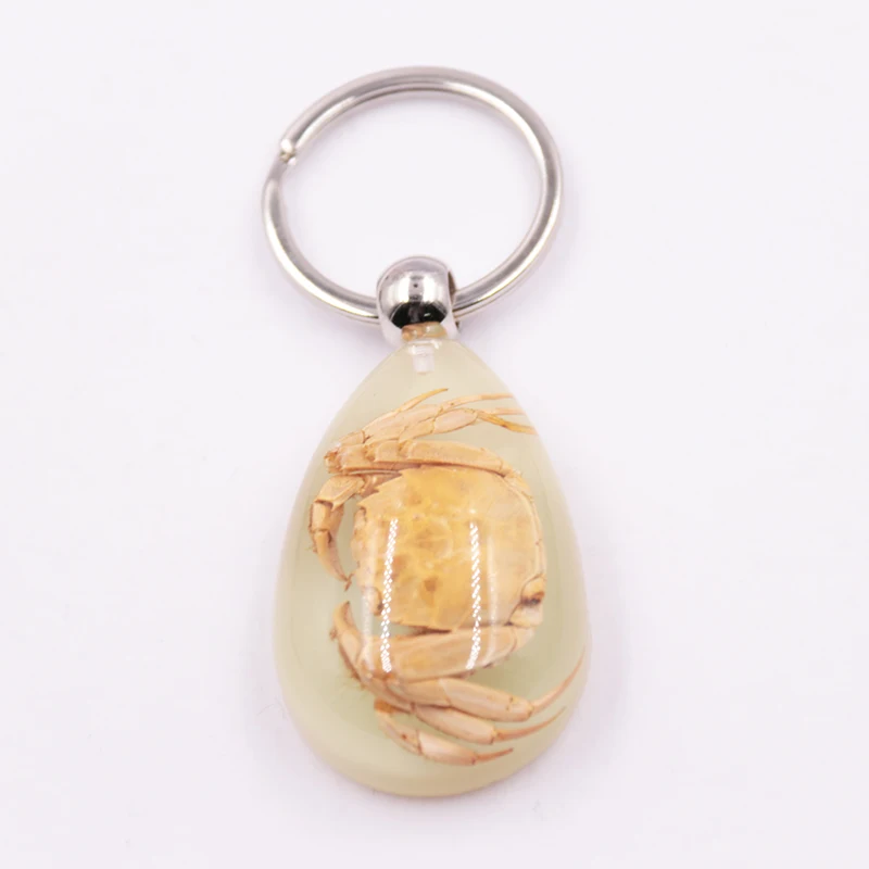 High quality Innovative design crab transparent tear drop resin luminous key ring chain