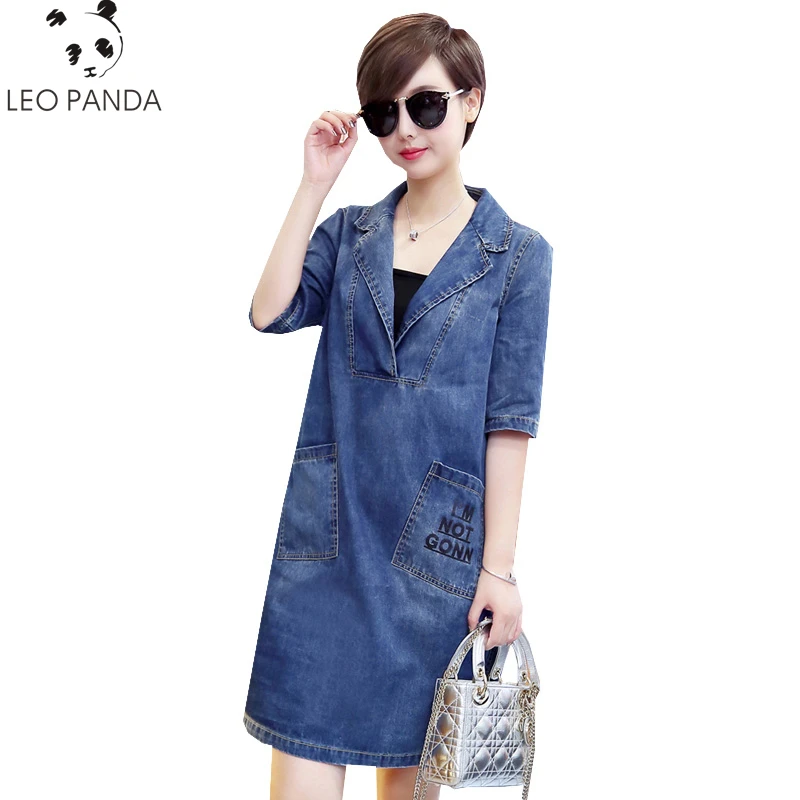 

Summer Denim Dress Loose Casual Dress Plus Size Women Vintage Turn-down Collar Half Sleeve Pockets jeans Dresses Vestidos HF139