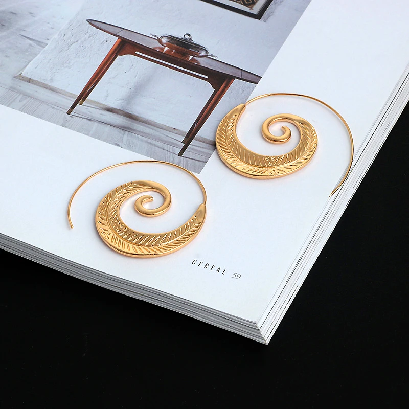YUKAM новые панковские большие преувеличенные Спиральные серьги, богемные круглые креольские серьги-кольца, золотые вихревые серьги с листьями для женщин, ювелирные изделия для ушей