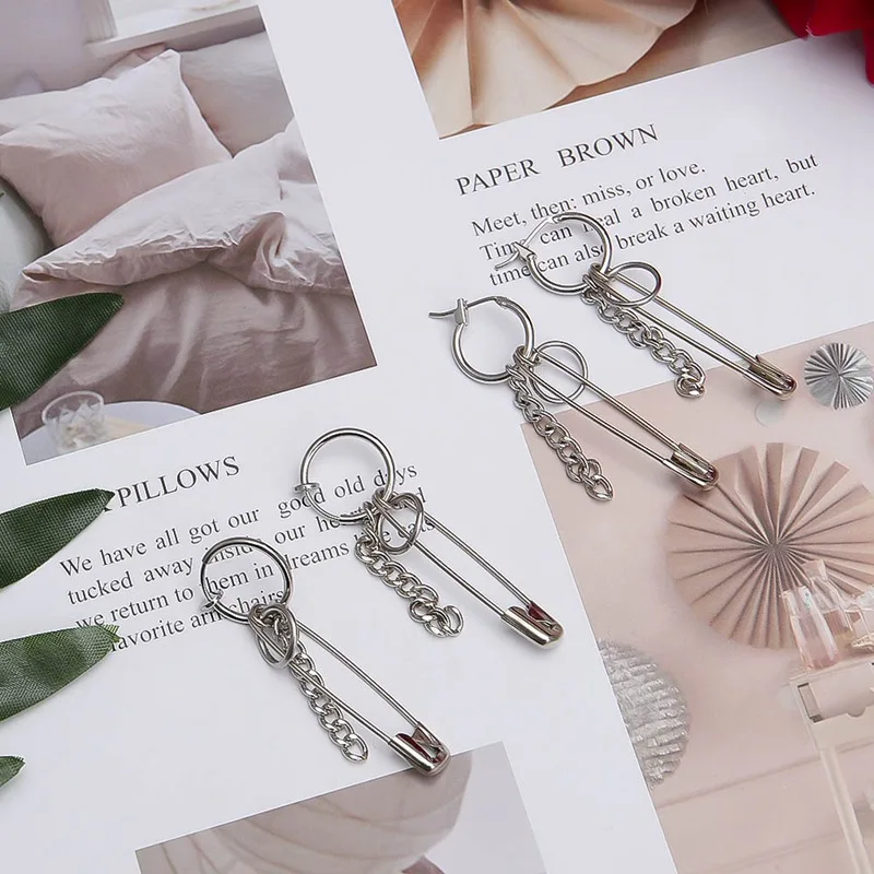 

Long Tassel Stainless Steel Pins Dangle Earrings For Women Irregular Punk Pin Dangle Earring Silver Men Fashion Jewelry A306
