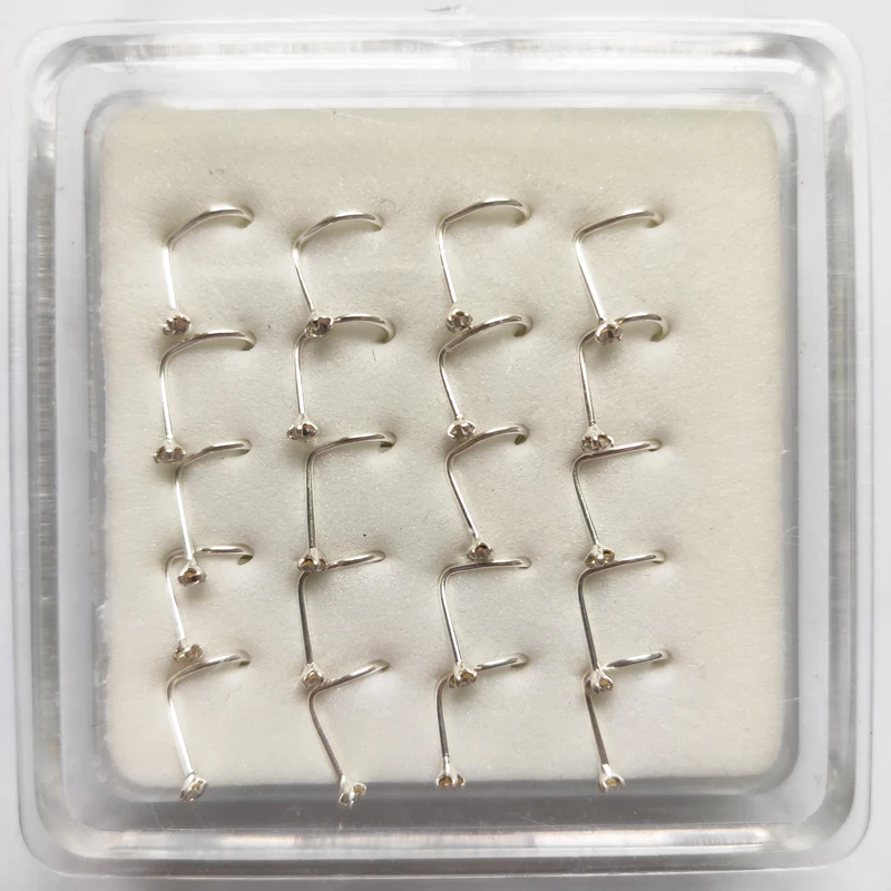 925 стерлингового серебра нос кольцо для пирсинга ноздри крючок нос винт 2 мм Кристалл 20 шт./упак