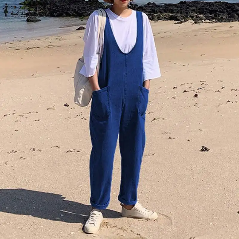 

S 5XL ZANZEA Women Casual Jumpsuits 2019 Summer Party Loose Long Overalls Fashion Strappy Denim Blue Playsuits Female Rompers