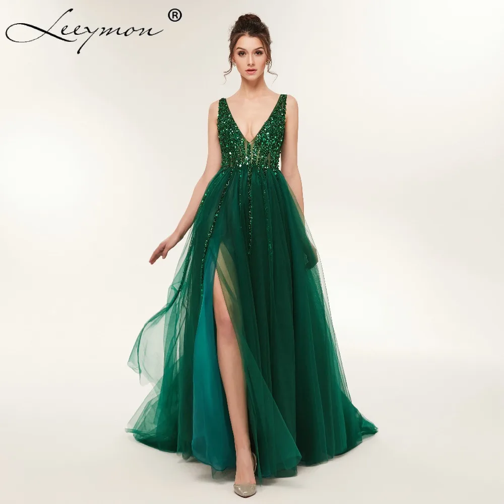 Plus Size High Side Split Green Prom Dress