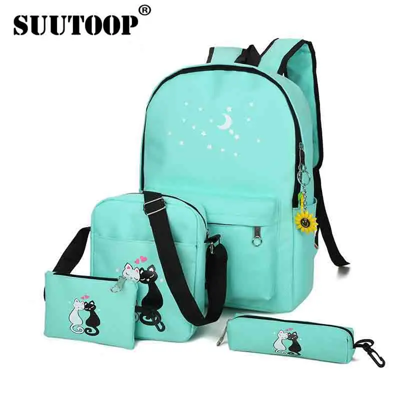 

suutoop children Cute Cat Print Backpacks for Teenager School bags Unisex Rucksack Girl Shoulder Bag School backpack 4 piece/set
