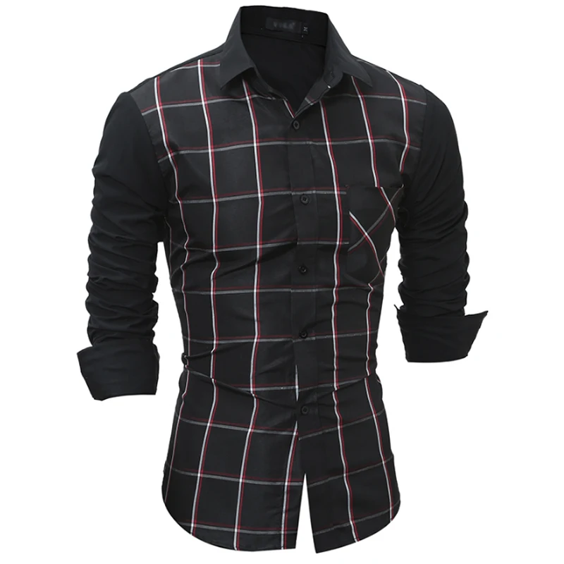 2018 Fashion Men Shirt Long Sleeve Slim Fit Lattice stitching Shirt Men