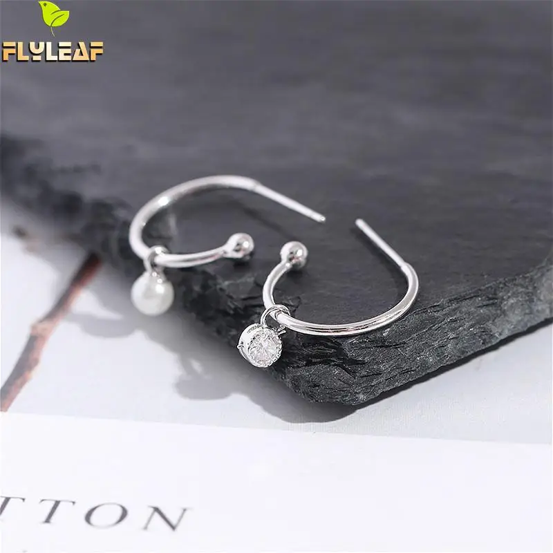 

Flyleaf Asymmetry Pearl Drop Earrings For Women Real 925 Sterling Silver Fine Jewelry Cubic Zirconia Earings Fashion Jewelry
