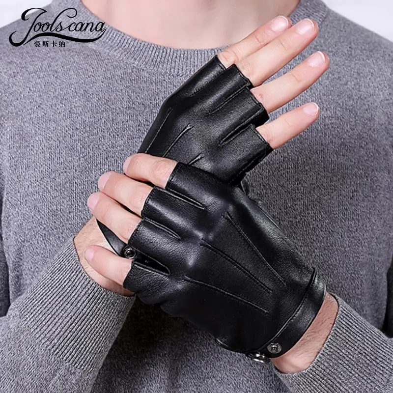 Joolscana, мужские кожаные перчатки без пальцев, для вождения, летние, черные, мужские,, натуральная кожа, половина пальцев, зима, осень