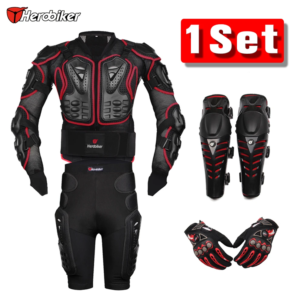 HEROBIKER Red Motocross Racing Motorcycle Body Armor Protection Jacket Gears Shorts Pants Protective Motorcycle Knee Pads