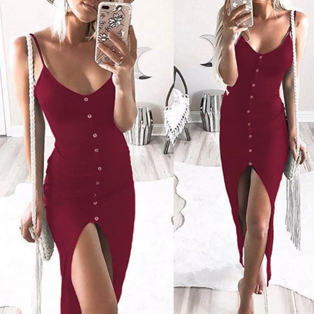 

Deep V Neck Sexy Party Maxi Dress Women High Side Split Strap Slim Sling Button Front Split Sleeveless Casual Dress